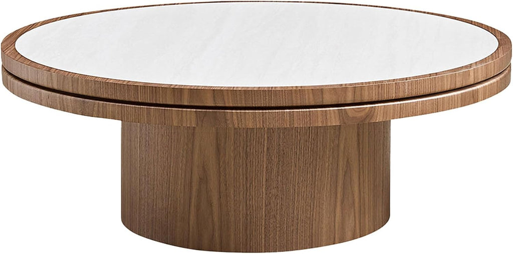 35.43 Inch Round Sintered Stone Side Table, No Assembly MDF Coffee Table with Walnut Finish, Modern Small Accent End Table for Living Room Bedroom Office Apartment Compact Space (35.43''+Walnut)