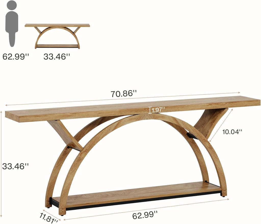 Tribesigns 70.87" Console Table, Industrial Sofa Table Behind Couch with 2 Tiers of Storage Shelves for Living Room, Hallway, Entrance, Foyer (Light Brown)
