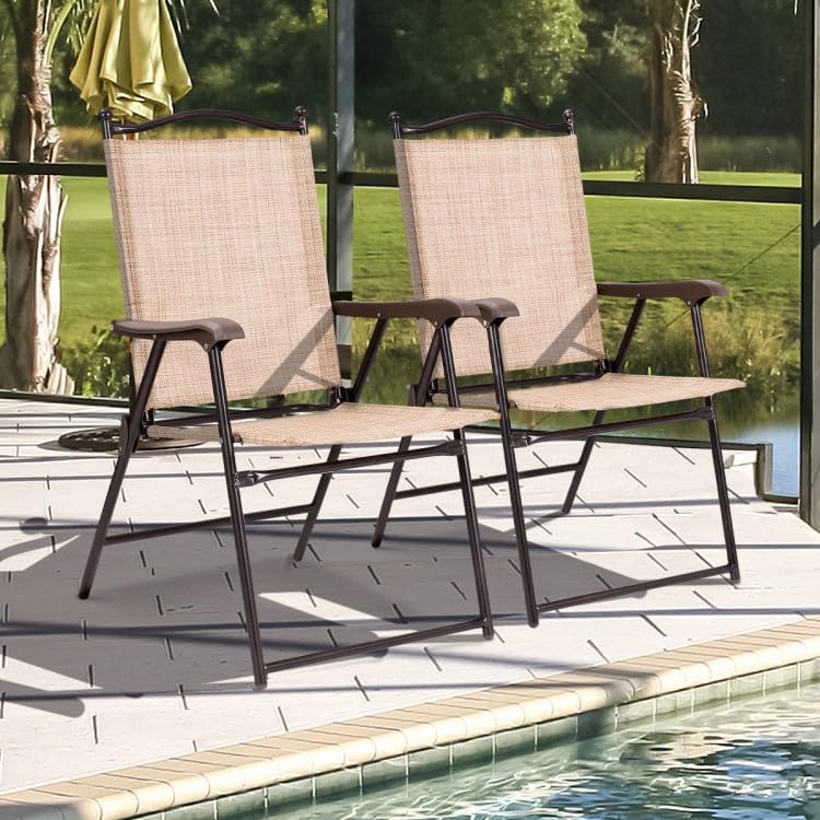 2-Pack Modern Folding Sling Back Deck Chairs in Beige Textile Fabric with Steel Frame & Plastic Feet, 20x24x38in, UV-Resistant for Outdoor Use