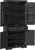 72" Kitchen Pantry Storage Cabinet, Utility Freestanding Food Pantry with 2 Drawer & 6 Door Shelves, Modern Wood Tall Cupboard with 4 Adjustable Shelves for Dining Room, Living Room, Kitchen,Black