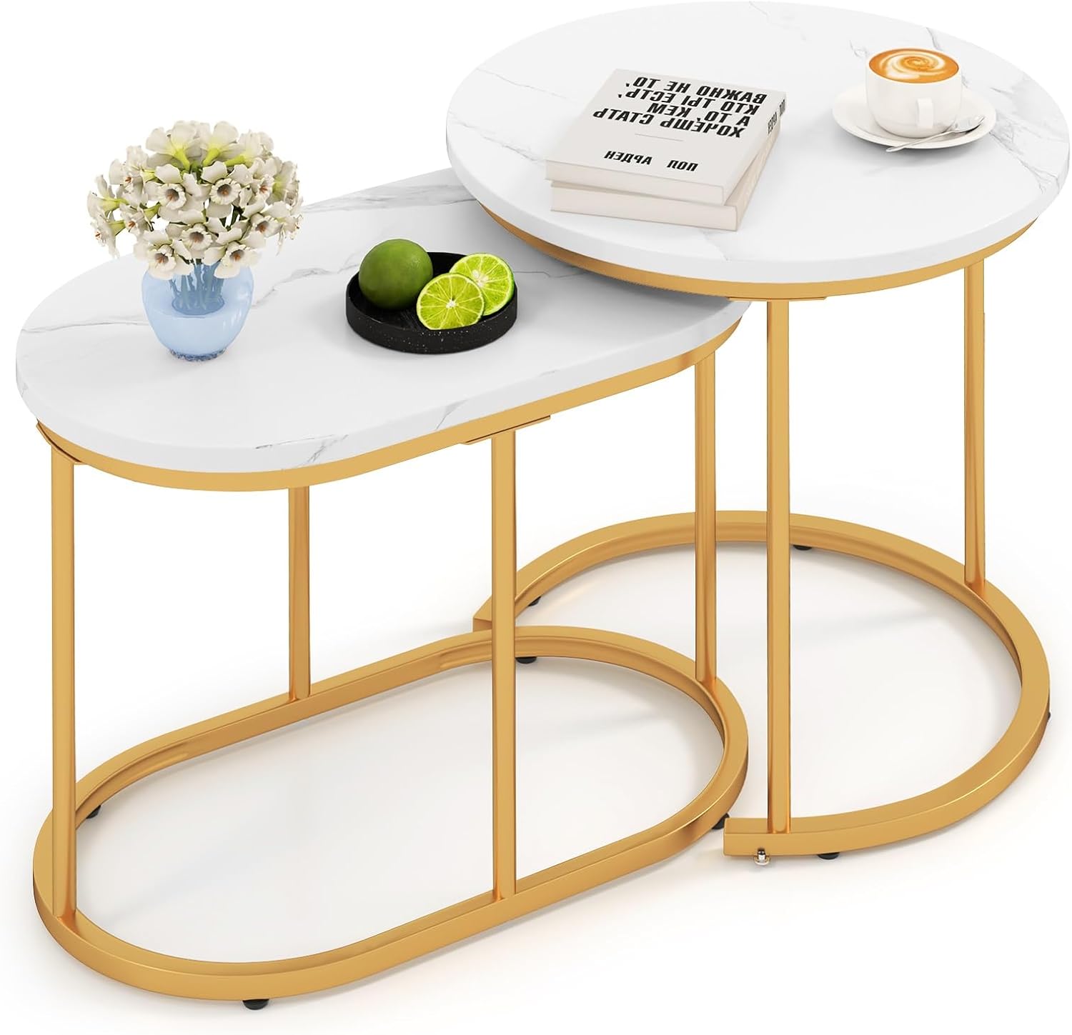 Multigot Nesting Tables Set of 2, Stacking End Side Table, Marble Accent Snack Coffee Tea Table for Living Room, Bedroom and Balcony (Marble + Golden)