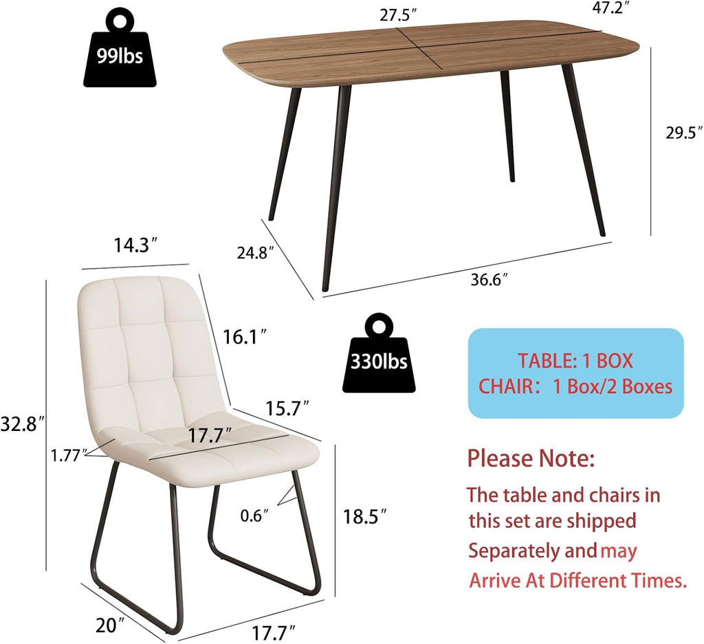 HIPIHOM 47.2'' Dining Table Set for 4,Modern Wood Dining Table,Leather Dining Chairs 4,Table and Chairs Set of 4,Ideal for Kitchen Dining Room (Walnut Color Table + 4 U-Shaped White Chairs, 47.2")