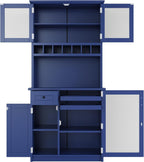 Farmhouse 35.4x17.7x74.8inch Freestanding Kitchen Pantry Cabinet with Hutch, Buffet with Wine Rack, Adjustable Shelves & Tempered Glass Doors, Tall Kitchen Storage Cabinet for Dining Room (Blue Color)