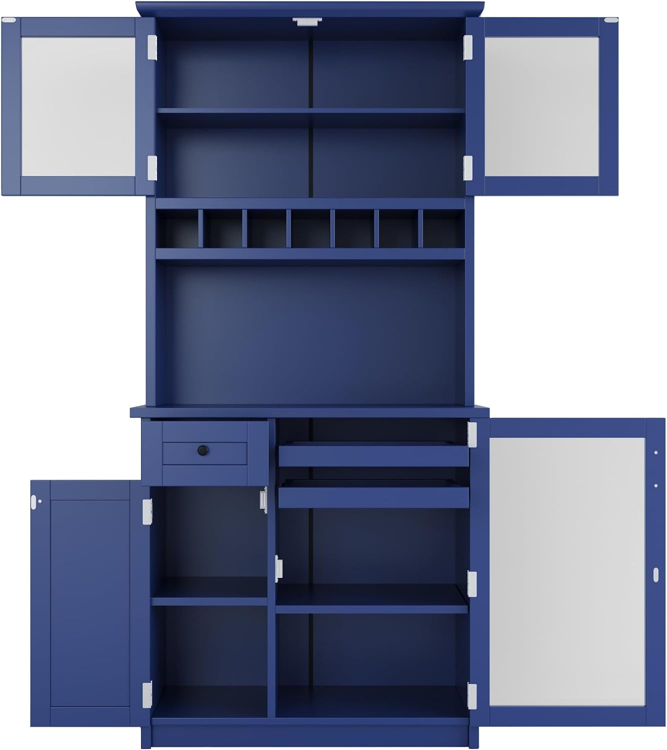 Farmhouse 35.4x17.7x74.8inch Freestanding Kitchen Pantry Cabinet with Hutch, Buffet with Wine Rack, Adjustable Shelves & Tempered Glass Doors, Tall Kitchen Storage Cabinet for Dining Room (Blue Color)