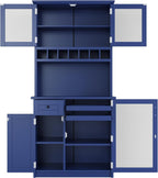 35.4''W Farmhouse Kitchen Pantry with Hutch, Freestanding Sideboard Buffet Cabinet with Wine Rack and Adjustable Shelves, Tall Pantry Storage Cabinet for Dining Room Kitchen, Blue