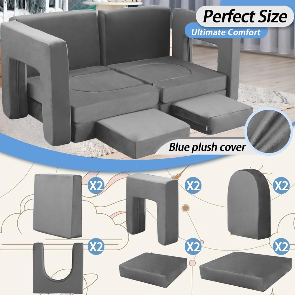12PCS Modular Kids Play Couch Child Convertible Building Fort Sofa and Cushion DIY Floor Sofa for Playroom Bedroom (Dark Grey)