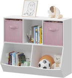Bookcase with Collapsible Fabric Drawers, Toy Storage Cabinet for Playroom, Bedroom, Nursery, School, White,Pink