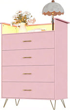 Jojoka 4 Drawer Dresser with RGB LED Light & Charging Station - Modern Chest of Drawers with App Control - Tall Wooden Dressers Chest, Closet for Bedroom, Living Room, Entryway, Hallway – Rose