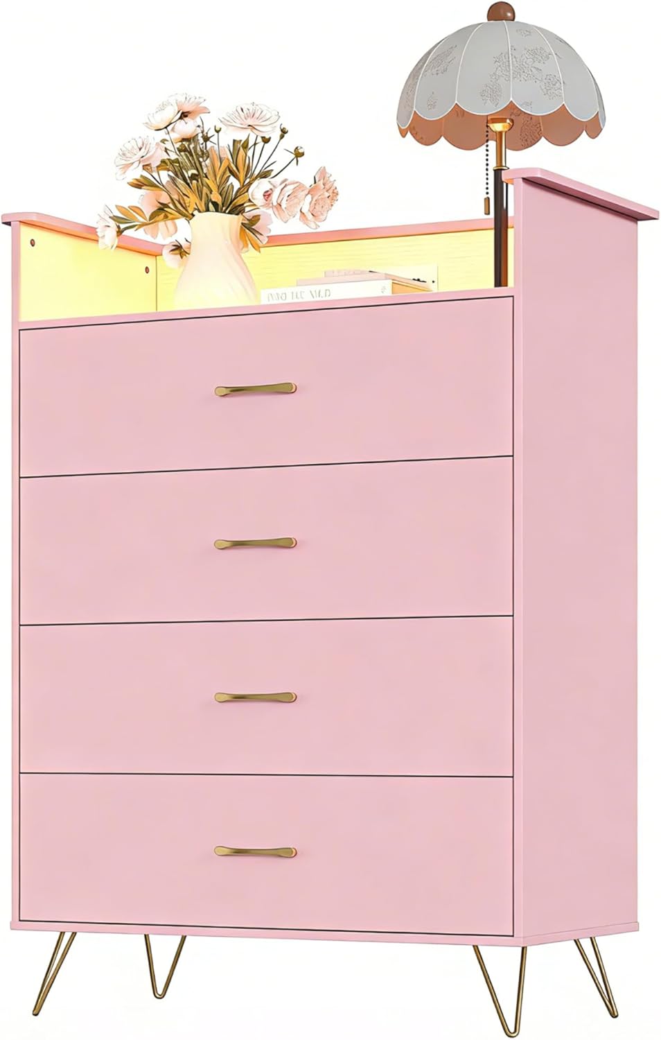 Jojoka 4 Drawer Dresser with RGB LED Light & Charging Station - Modern Chest of Drawers with App Control - Tall Wooden Dressers Chest, Closet for Bedroom, Living Room, Entryway, Hallway – Rose