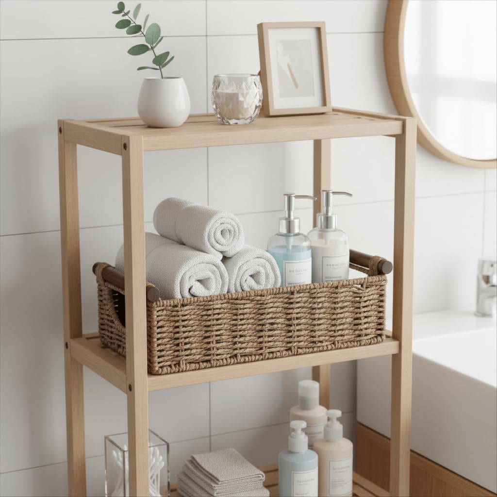 CubesLand Small Wicker Toilet Basket Tray Organizer W/Cut Out Handle, Handwoven Slim Decorative Basket for Countertop, Shelves And for Rustic Home Decor, Living Room, Nursery Organization, Neutral