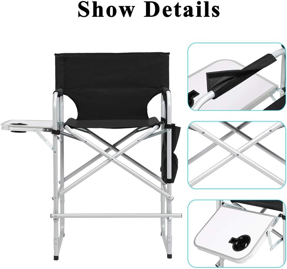 Folding Camping Tall Directors Chair with Side Table, Foldable Portable Makeup Artist Chair, Black
