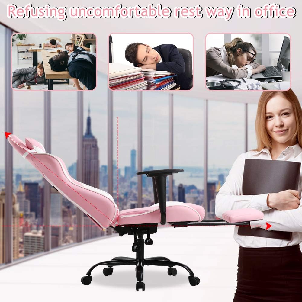 Pink Gaming Chair Office Chair Desk Chair for Girls, High Back Ergonomic PC Racing Chair w/Lumbar Support & Retractable Footrest PU Leather Recliner Swivel Cute Computer Game Chair for Women