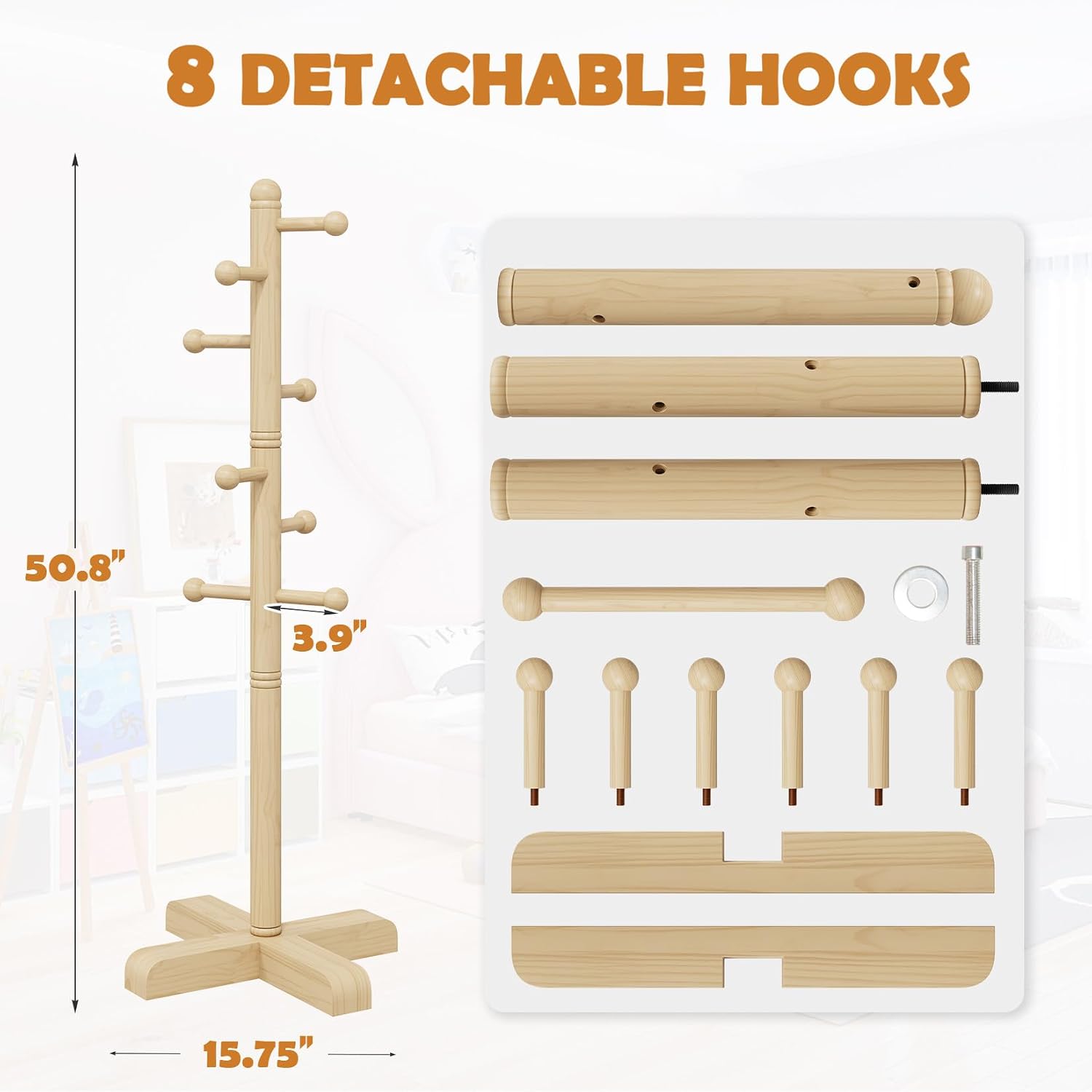 8-Hook Freestanding Wooden Coat Rack 2 Adjustable Heights Nature | Suitable for Bedroom Hallway Entrance Office,Holds Hats Handbags Purses Neatly,Space-Efficient Vertical Stand