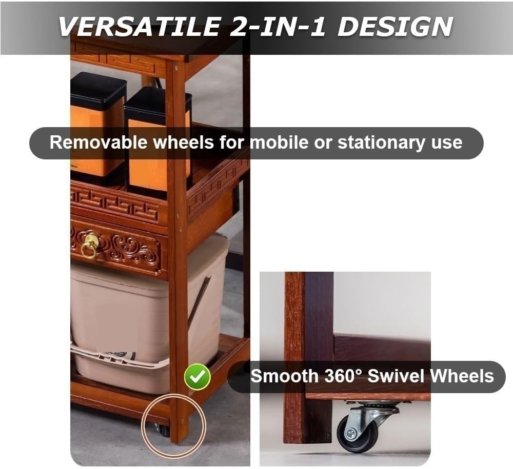 PedyrEda 2-in-1 Multi-Purpose Rolling Cart, Vintage Side Table with Wheels, Solid Wood Storage Cart with Drawers, Rotatable End Table for Living Room, Bedroom, Office(52cm/20.5in)