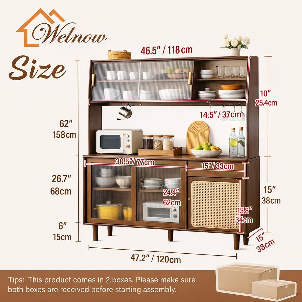 Welnown Kitchen Hutch Cabinet with Countertop, 69" Tall Pantry Storage Cabinet, Rattan Solid Wood Buffet Sideboard, Entryway Storage Table for Living Room, Dining Room, Walnut
