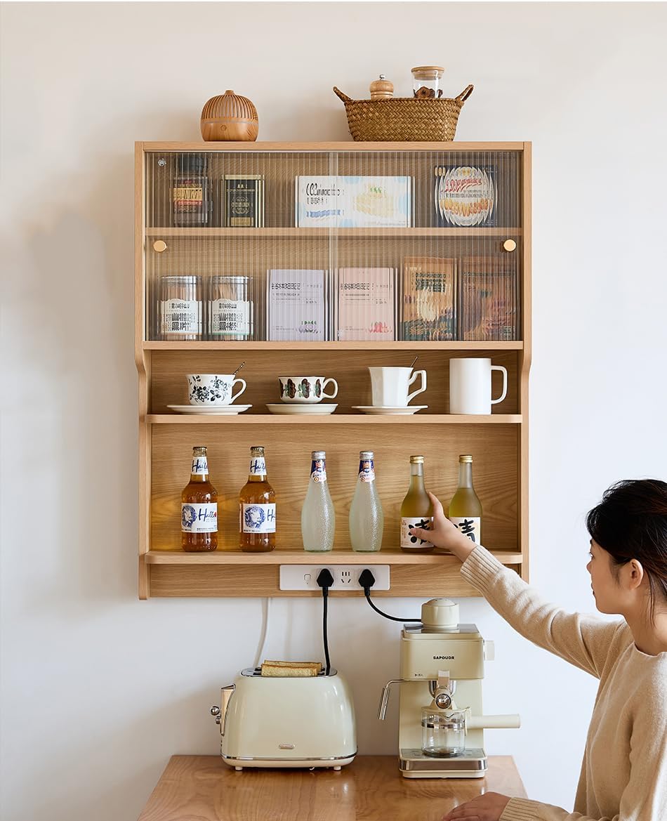 Wood Wall Mounted Pantry Cabinet with Doors, 4-Tier Kitchen Cabinet & Coffee Bar Storage for Dining Room, Living Room