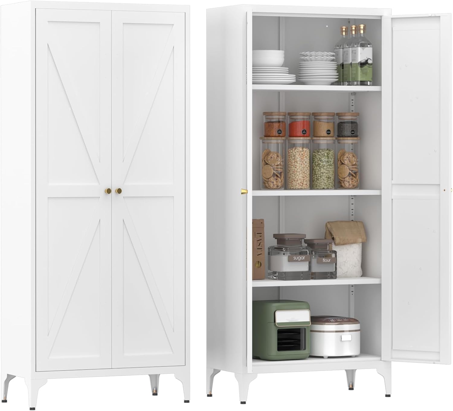 Metal Adjustable 2-Door Pantry Cabinet with 180LB Capacity Shelves – Durable Storage Organizer for Kitchen, Living Room, Dining Room and Office (White)