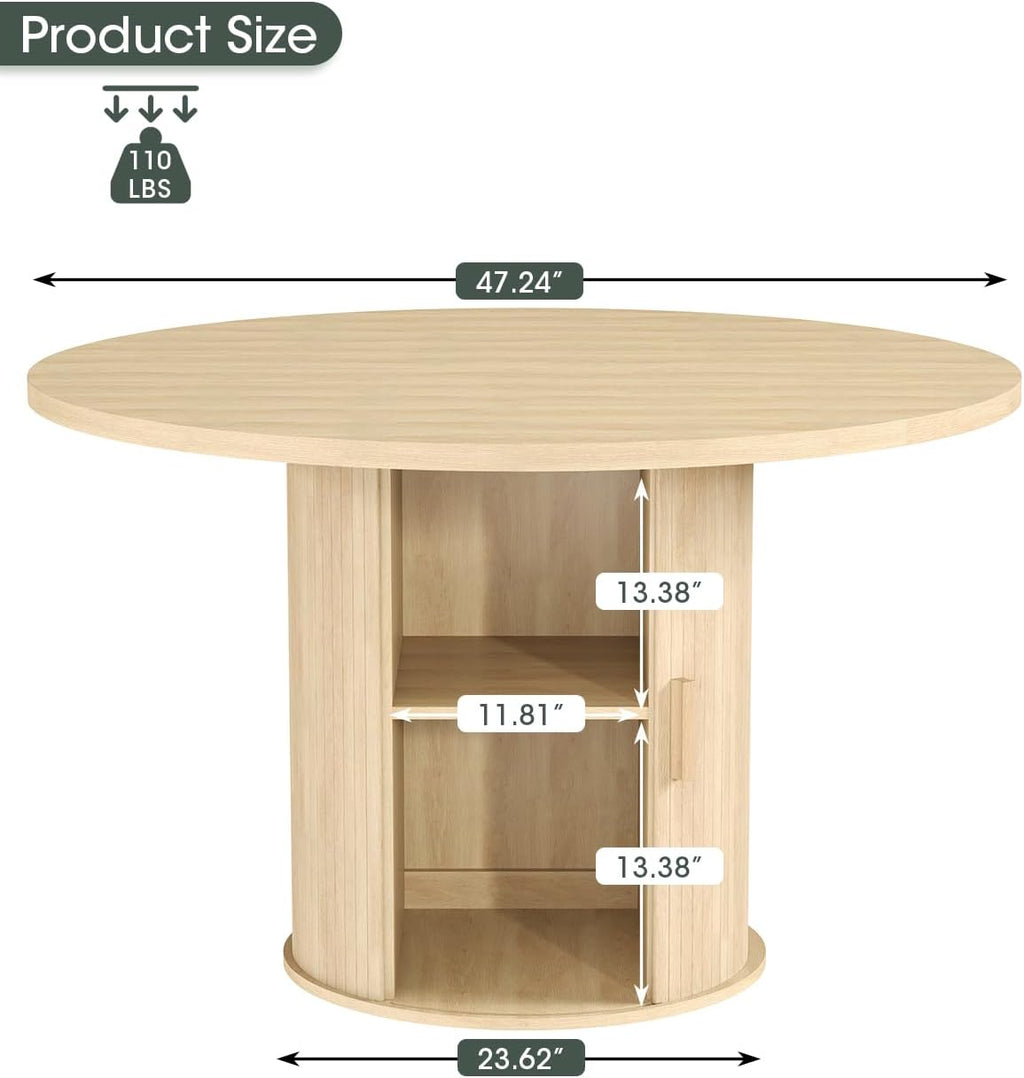 LINLUX 47-inch Round Dining Table with Storage, Modern Fluted Design Side Shelf for Dining Room, Kitchen, Perfect for 4-6 People (Natural Wood)