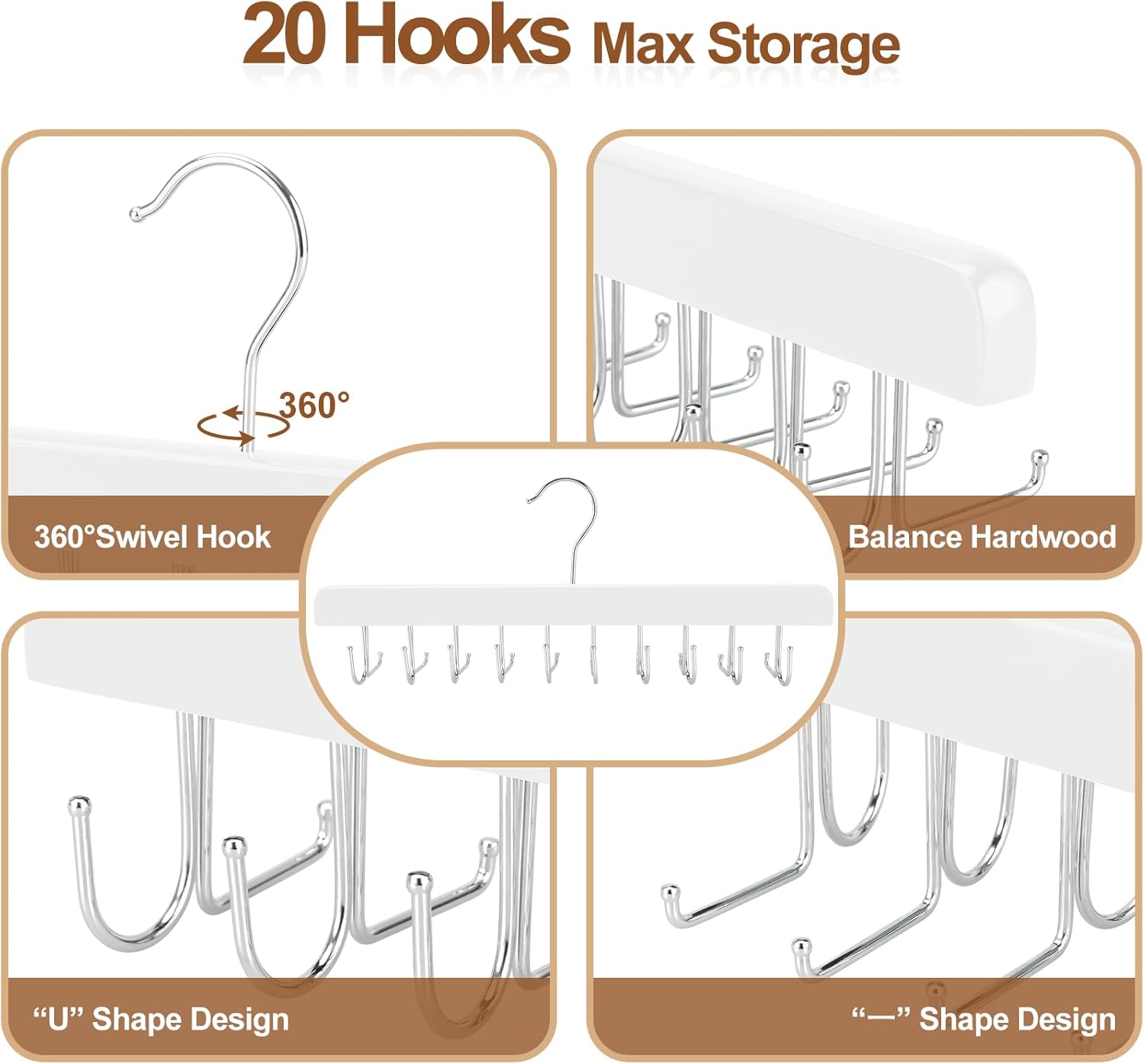 TOPIA HANGER 20 Hooks 2 in 1 Belt Tie Hanger for Closet Max 30 Belts with 30 Ties Capacity, Belt Tie Racks Wooden Hanger for Closet Organizer Storage “U” Fit for Belt and “一” Fit for Tie - CT47W