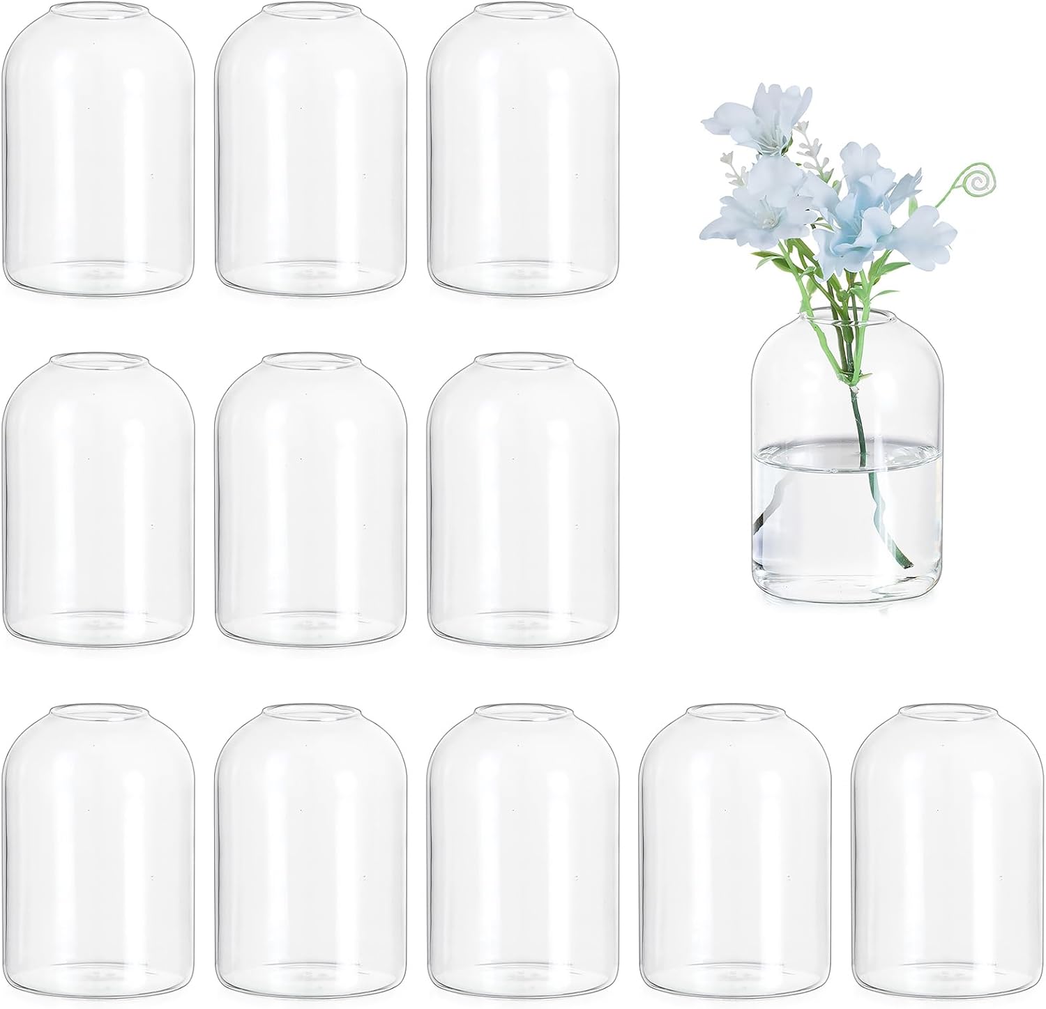 Hewory Glass Bud Vases for Centerpieces: Set of 12 Blown Clear Small Vase Bulk, Mini Cute Flower Vase for Floral Arrangement, Modern Decorations for Wedding Party Event Table Decor, 3.7"(H)×2.75"(D)