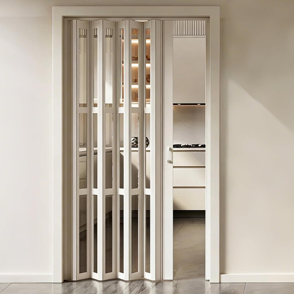 Tall White Sliding Accordion Doors with Handles & Glass, Customizable Size Magnetic Folding Door, Interior Accordion Door, Folding Double Doors for Home, Office, 71" Wx80 H