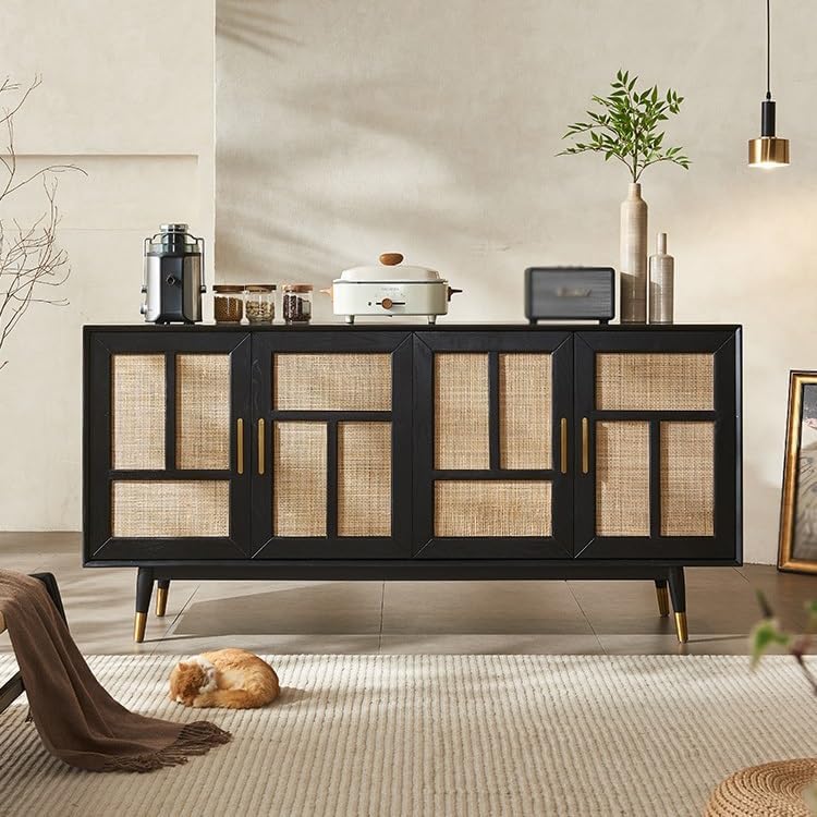 Entryway Cabinet Wooden Rattan Dining Sideboard Retro Home Wall Porch Cabinet Living Room Storage Cabinet Sideboard Storage Cabinet