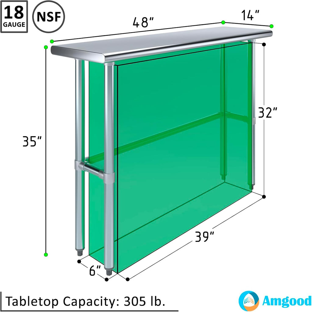 AmGood Stainless Steel Work Table Open Base | NSF Kitchen Island Food Prep | Laundry Garage Utility Bench (48" Long X 14" Deep)