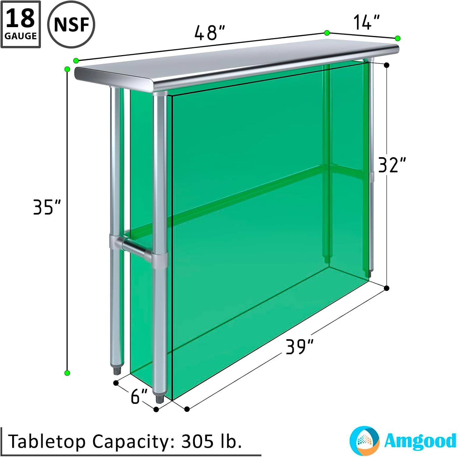 AmGood Stainless Steel Work Table Open Base | NSF Kitchen Island Food Prep | Laundry Garage Utility Bench (48" Long X 14" Deep)