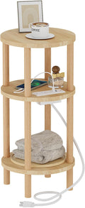 LUCKNOCK Small Round Side Table with Charging Station, 3-Tier Solid Wood End Table, Narrow Compact Sofa Bedside Table for Small Spaces, Easy Assembly for Living Room, Bedroom, Apartment (Natural)