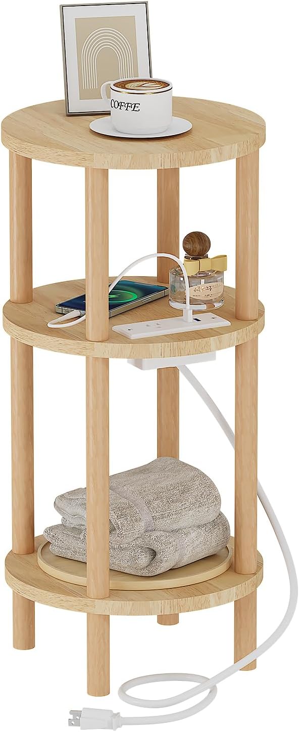 LUCKNOCK Small Round Side Table with Charging Station, 3-Tier Solid Wood End Table, Narrow Compact Sofa Bedside Table for Small Spaces, Easy Assembly for Living Room, Bedroom, Apartment (Natural)