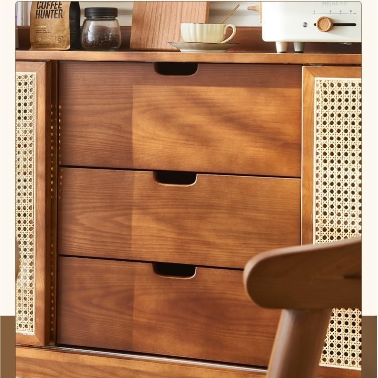 Entryway Cabinet Chinese Style Wooden Sideboard Dining Room with Drawers Double Door Rattan Storage Cabinet Multifunctional Storage Cabinet Sideboard Storage Cabinet
