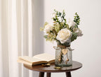 YJ Fake Flowers with Vase, Silk Roses Artificial Flowers in Vase, Faux Flower Plant Arrangement Suitable for Home Office Decoration, Dining Table Centerpiece(White)