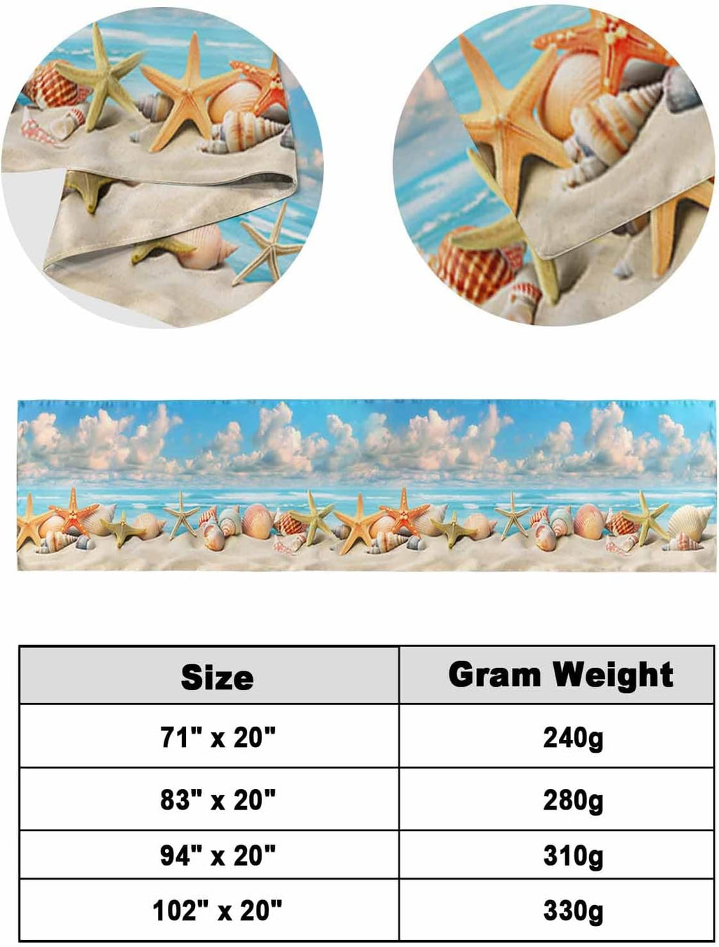 Summer Beach Bed Runner Scarf Twin Size,Coastal Starfish Seashell Conch Brown Sand Luxury Bed Throw Runners & Scarves for Twin Full Queen King Foot of Bed,Bedroom Hotel Wedding Room Decoration,71"x20"
