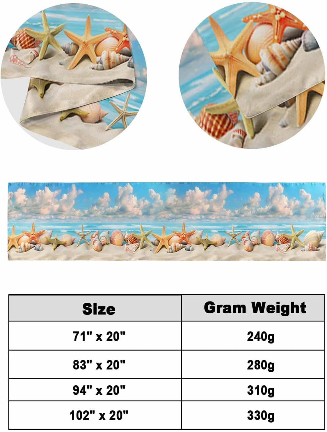 Summer Beach Bed Runner Scarf Twin Size,Coastal Starfish Seashell Conch Brown Sand Luxury Bed Throw Runners & Scarves for Twin Full Queen King Foot of Bed,Bedroom Hotel Wedding Room Decoration,71"x20"