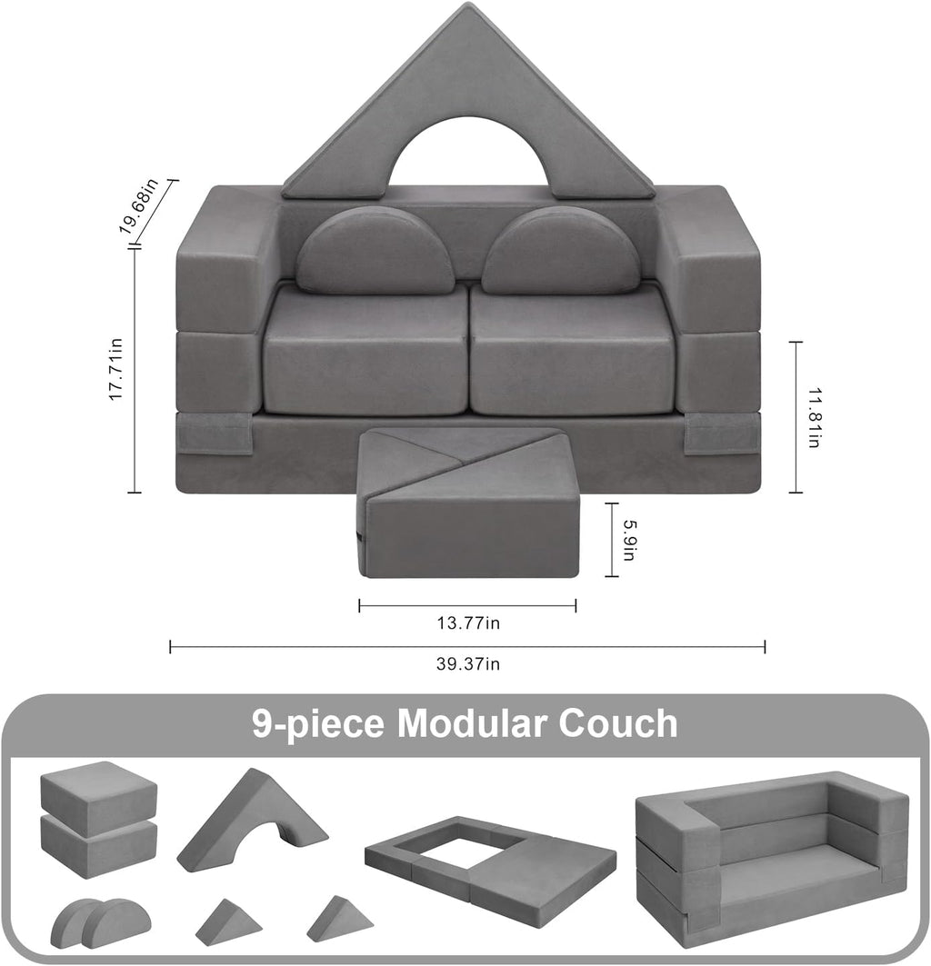 9pcs Modular Kids Play Couch, Toddler & Child Sectional Sofa, Convertible Foam and Floor Cushion for Boys and Girls, Foldable Playroom Bedroom Furniture, Gray