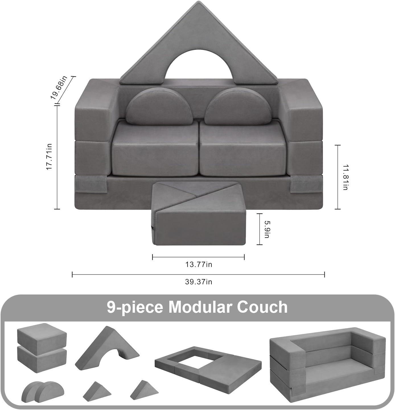 9pcs Modular Kids Play Couch, Toddler & Child Sectional Sofa, Convertible Foam and Floor Cushion for Boys and Girls, Foldable Playroom Bedroom Furniture, Gray