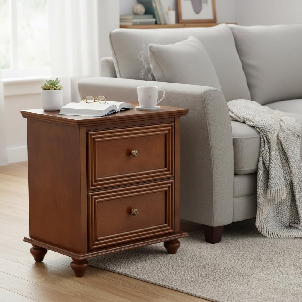 Traditional End Table with Storage & Charging Station 22.9-Inch Wood Modern Vintage Side Table Nightstand with 2 Drawers for Living Room Bedroom, Walnut