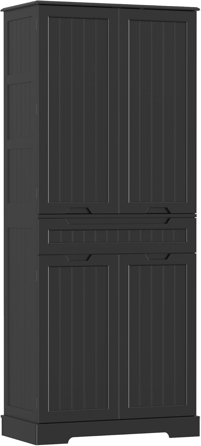 Gizoon 71" Tall Kitchen Pantry Cabinet with Doors and Adjustable Shelves, 5-Tier Multipurpose Pantry Storage Cabinet with Drawer Freestanding Organizer for Small Kitchen Bathroom Laundry Room, Black