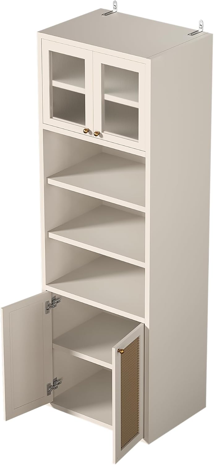 71.3''Tall Kitchen Pantry Cabinet with Oversized Open Shelf & Coffee Station,Tall Extra Deep Enclosed Storage, Fluted Rattan Doors,Adjustable Shelves, Anti-Tip, for Multi-Room Use,White