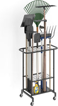 Garden Tool Organizer with Wheels, Heavy Duty Metal Garage Tool Storage Rack, Yard Tool Holder for Long-Handled Tools, Rakes and Brooms, Indoor and Outdoor Use for Shed, Patio