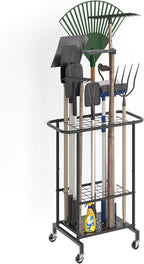 Garden Tool Organizer with Wheels, Heavy Duty Metal Garage Tool Storage Rack, Yard Tool Holder for Long-Handled Tools, Rakes and Brooms, Indoor and Outdoor Use for Shed, Patio