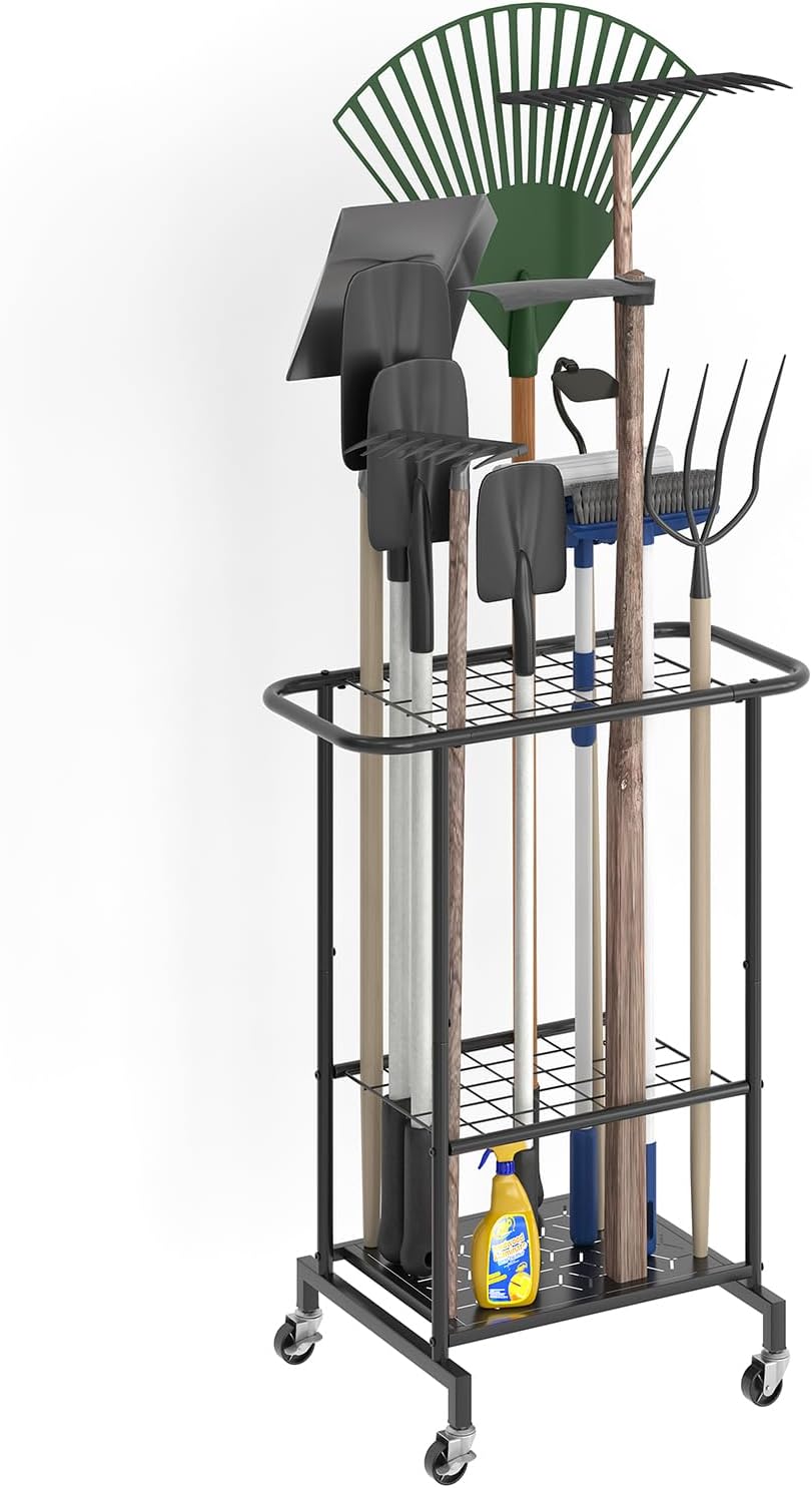 Garden Tool Organizer with Wheels, Heavy Duty Metal Garage Tool Storage Rack, Yard Tool Holder for Long-Handled Tools, Rakes and Brooms, Indoor and Outdoor Use for Shed, Patio