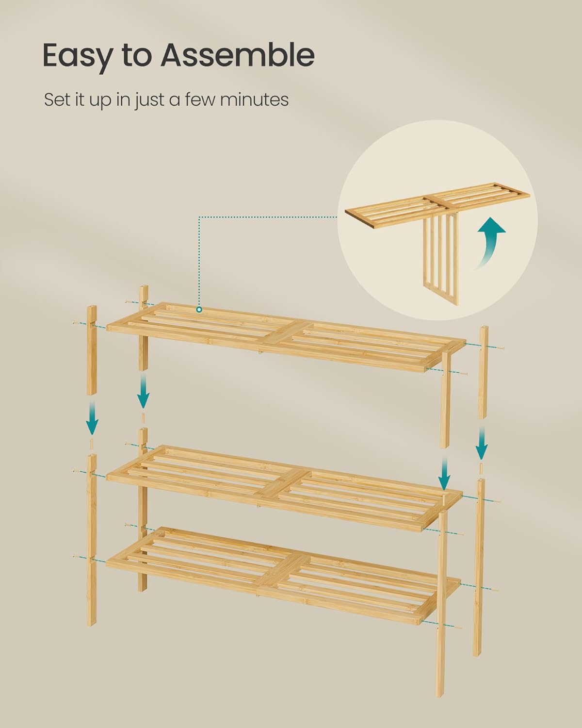SONGMICS Bamboo Shoe Rack for Closet, Stackable Shoe Oragnizer with Modular Structure, Space-Saving Free Standing Shelf for Entryway Bedroom, 3-Tier, Holds 12-16 Pairs, Natural Color ULBS053YL01