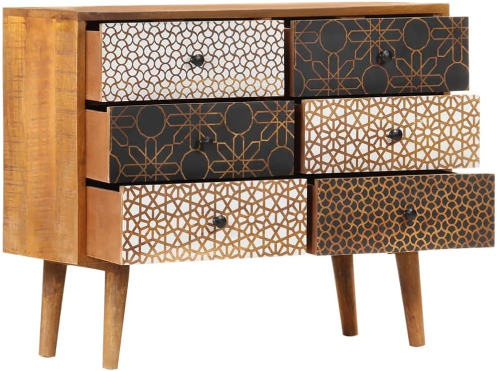 Mid-Century Modern Sideboard with Six Drawers, Solid Mango Wood and MDF Construction, Brown Lacquered Finish with Geometric Printed Patterns, Ample Storage for Dining