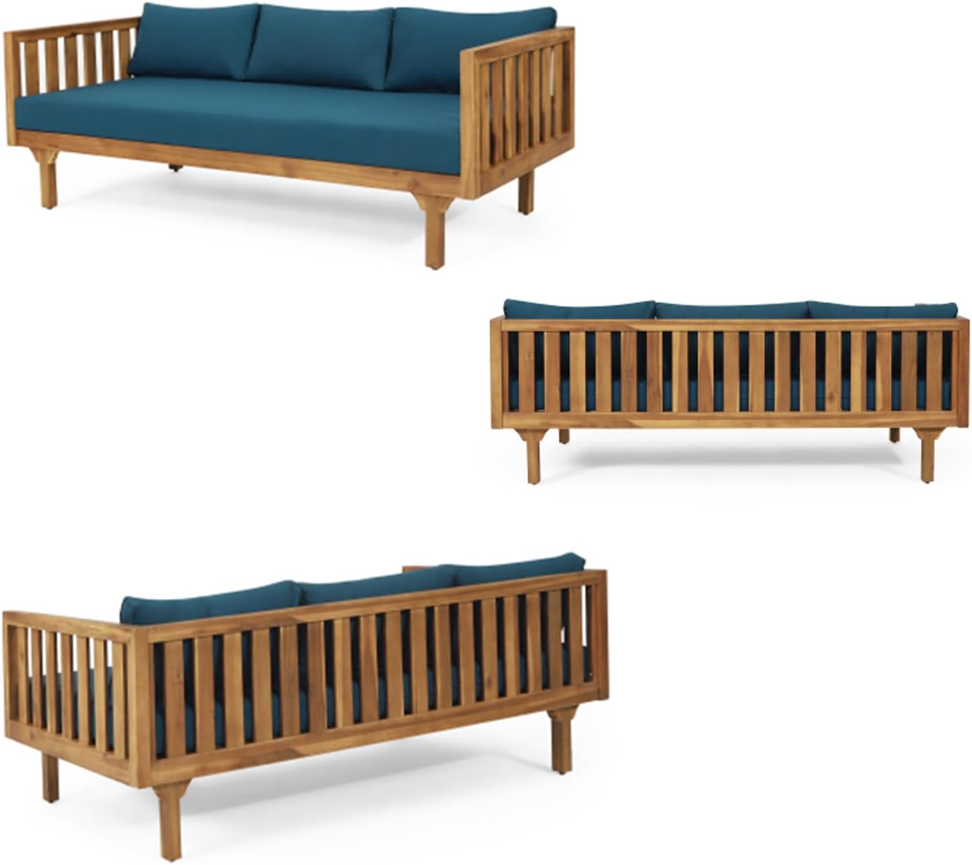 Lounge Chairs for Poolside- 2 Piece Outdoor Patio Furniture Set, Acacia Wood 3-Seater Patio Sofa with Cushions & Round Fluted Coffee Table(Color:Blue)