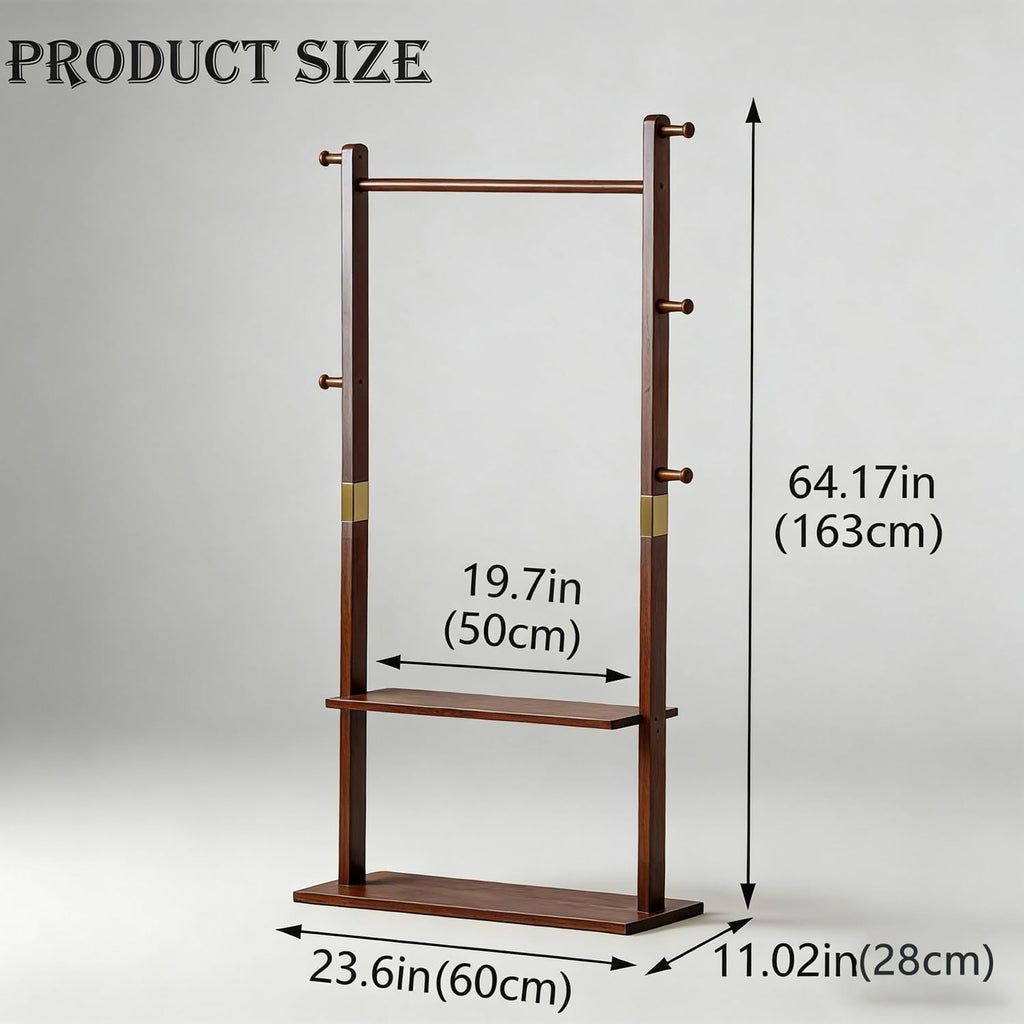 latifolia Clothes rack, Solid Wood Clothing Rack Witch Hooks and Shelves, 23.6 inch Garment rack With Storaege for Living Room, Walnut