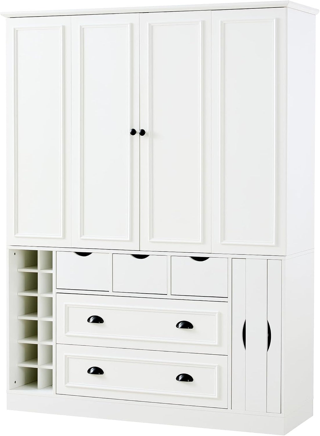 Farmhouse 71''H Large Kitchen Pantry,Deepen Dining Storage Cupboard with 4 Foldable Doors,Power Outlet, Shelves, Wine Racks and Serving Trays (White/FD)