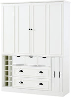 Farmhouse 71''H Large Kitchen Pantry,Deepen Dining Storage Cupboard with 4 Foldable Doors,Power Outlet, Shelves, Wine Racks and Serving Trays (White/FD)