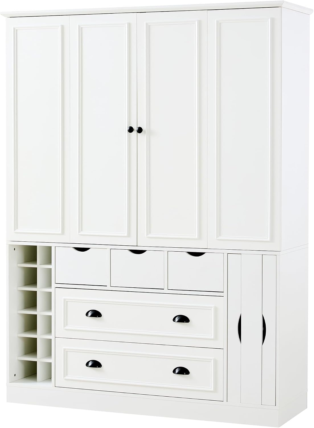 Farmhouse 71''H Large Kitchen Pantry,Deepen Dining Storage Cupboard with 4 Foldable Doors,Power Outlet, Shelves, Wine Racks and Serving Trays (White/FD)