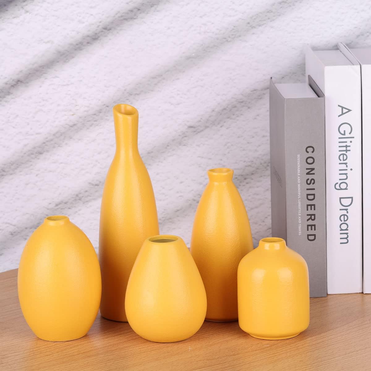 Yellow Ceramic Bud Vases Set of 5, Farmhouse & Fireplace Decor, Multipurpose Home Decoration for Living Room, Entrance, Bathroom, Kitchen & Office, Coffee Table Decor, Bulk Bud Vases